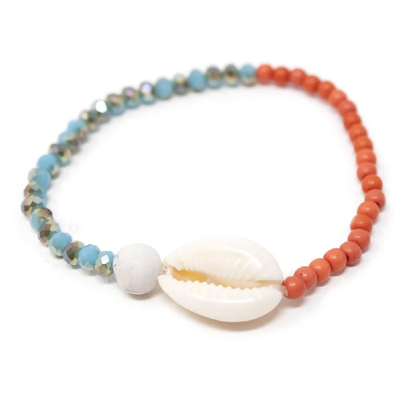 Cowrie Shell Glass Beaded Stretch Bracelet Turquoise and Coral