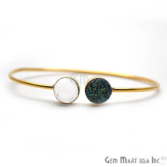 Crystal & Green Druzy Handmade AdjustaBle Gold Plated Stacking Bangle Bracelet