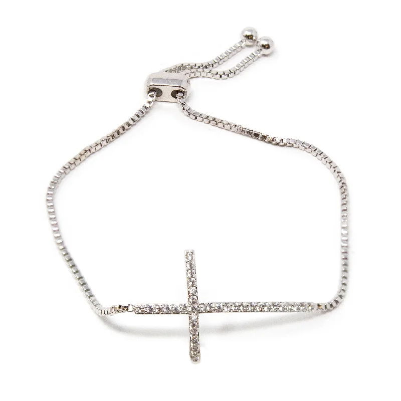 CZ Sideways Cross Slider Tennis Bracelet Silver Tone