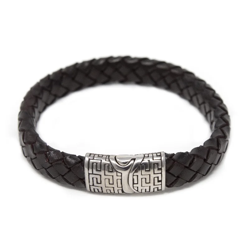 Dark Bn Braided Leather Bracelet W Greek Clasp Silver T