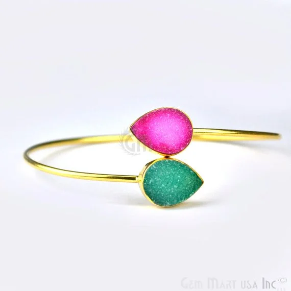 Double Druzy Gemstone Gold Plated Adjustable Bangle Bracelets (Pick Color)