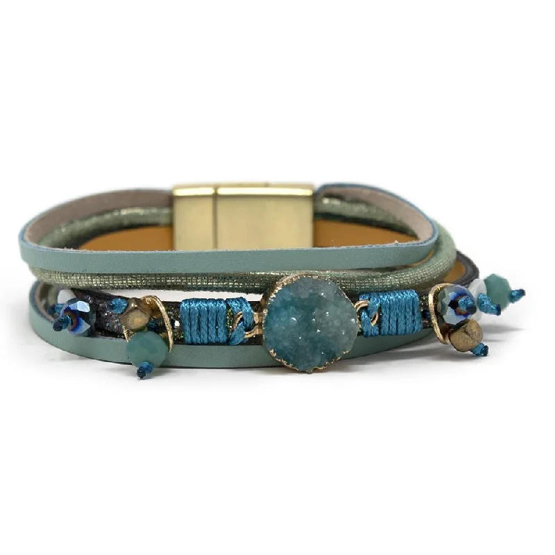 Five Row Leather Druzy Bracelet Turquoise