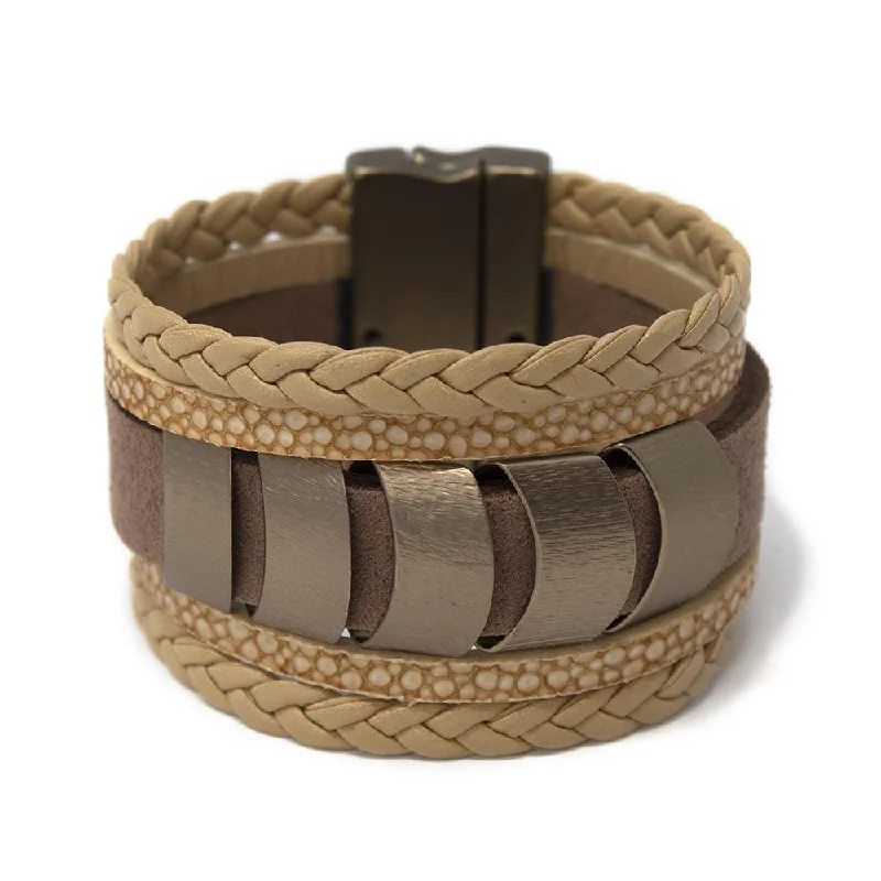 Five Row Wide Leather Bracelet Bronze Accent