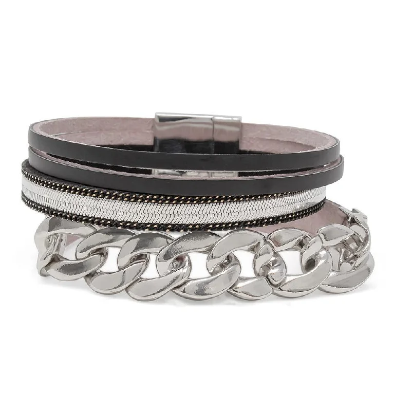 Four Row Leather Bracelet with Curb Chain Station Black