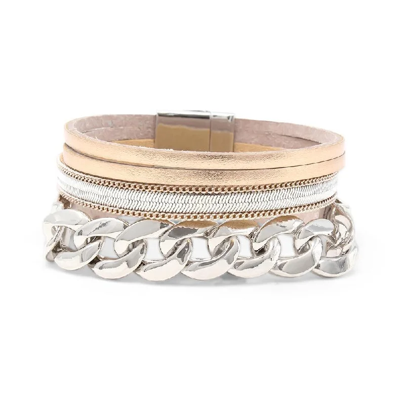 Four Row Leather Bracelet with Curb Chain Station Rose Gold Tone