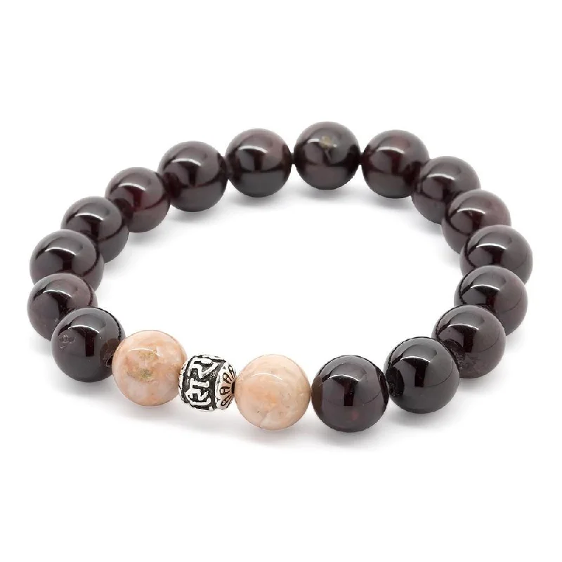 Garnet/Moon Stone Stretch Bracelet with 925 Sterling Silver Bead