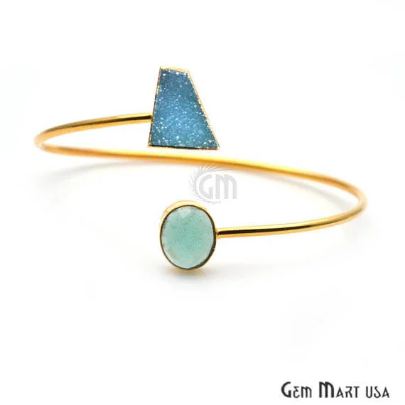 Gemstone With Druzy Gold Edged Adjustable Stacking Bangle Bracelet