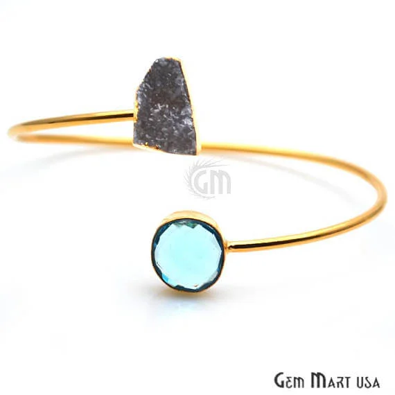 Gold Electroplated Adjustable Gemstone with Druzy Stacking Bangle Bracelet