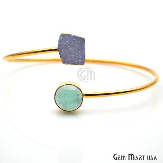 Gold Electroplated Adjustable Gemstone with Druzy Stacking Bangle Bracelet