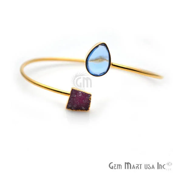 Gold Electroplated Adjustable Gemstone with Druzy Stacking Bangle Bracelet