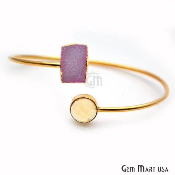 Gold Electroplated Adjustable Gemstone with Druzy Stacking Bangle Bracelet