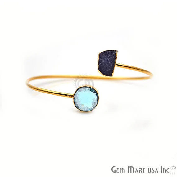 Gold Electroplated Adjustable Gemstone with Druzy Stacking Bangle Bracelet