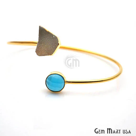 Gold Electroplated Adjustable Gemstone with Druzy Stacking Bangle Bracelet