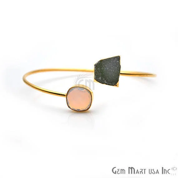 Gold Electroplated Adjustable Gemstone with Druzy Stacking Bangle Bracelet