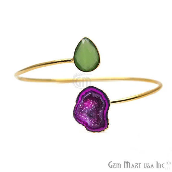 Gold Electroplated Adjustable Gemstone with Geode Druzy Stacking Bangle Bracelet