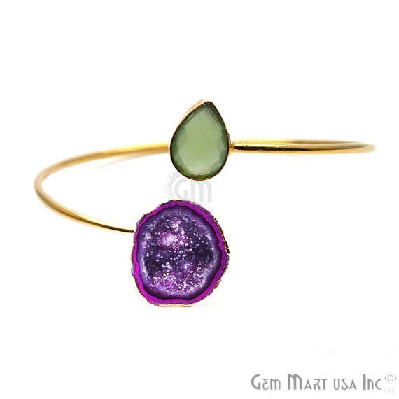 Gold Electroplated Adjustable Gemstone with Geode Druzy Stacking Bangle Bracelet