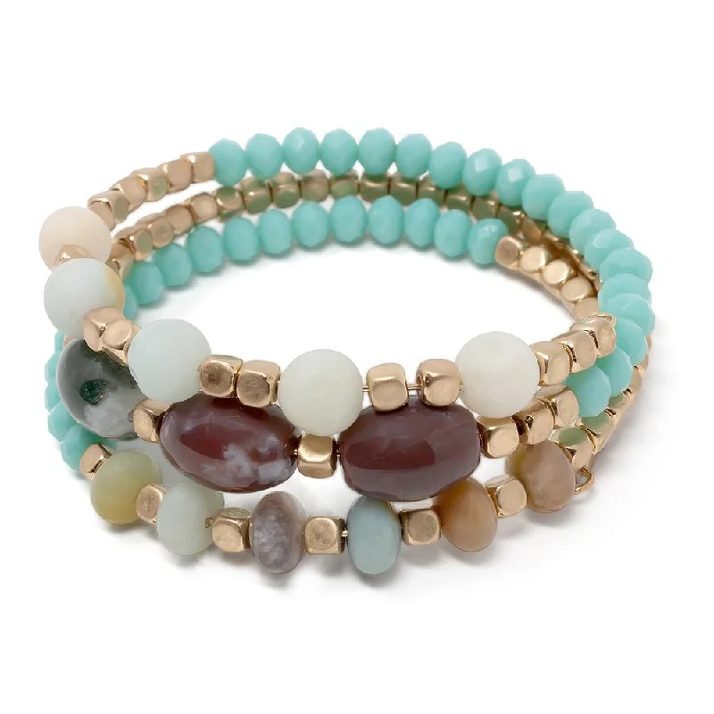 Green Glass Bead Wrap Bracelet with Oval Stone Gold Tone