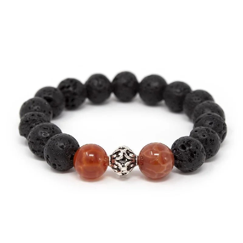 Lava Rock/Fire Agate Stretch Bracelet with 925 Sterling Silver Bead