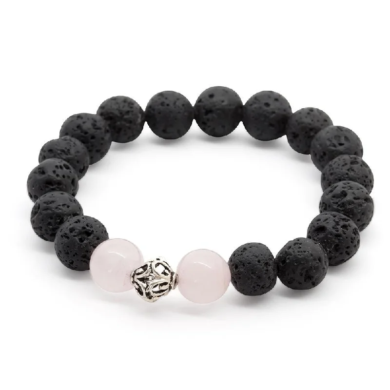 Lava Rock/Rose Quartz Stretch Bracelet with 925 Sterling Silver Bead