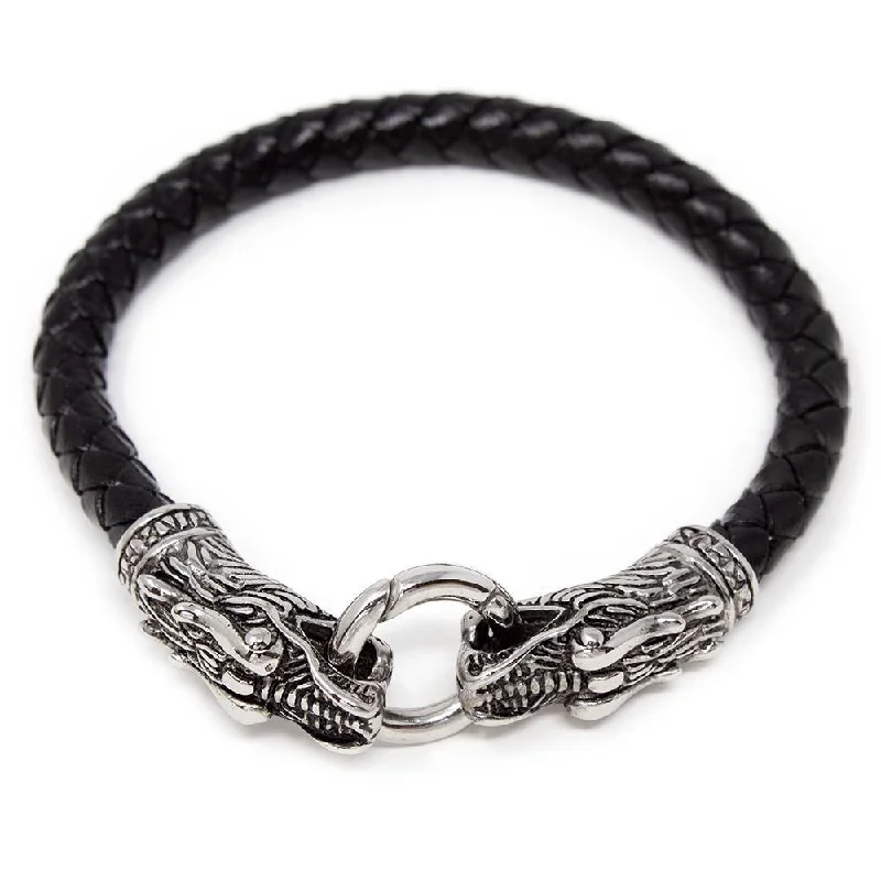 Leather Men's Bracelet with Stainless Steel Dragons