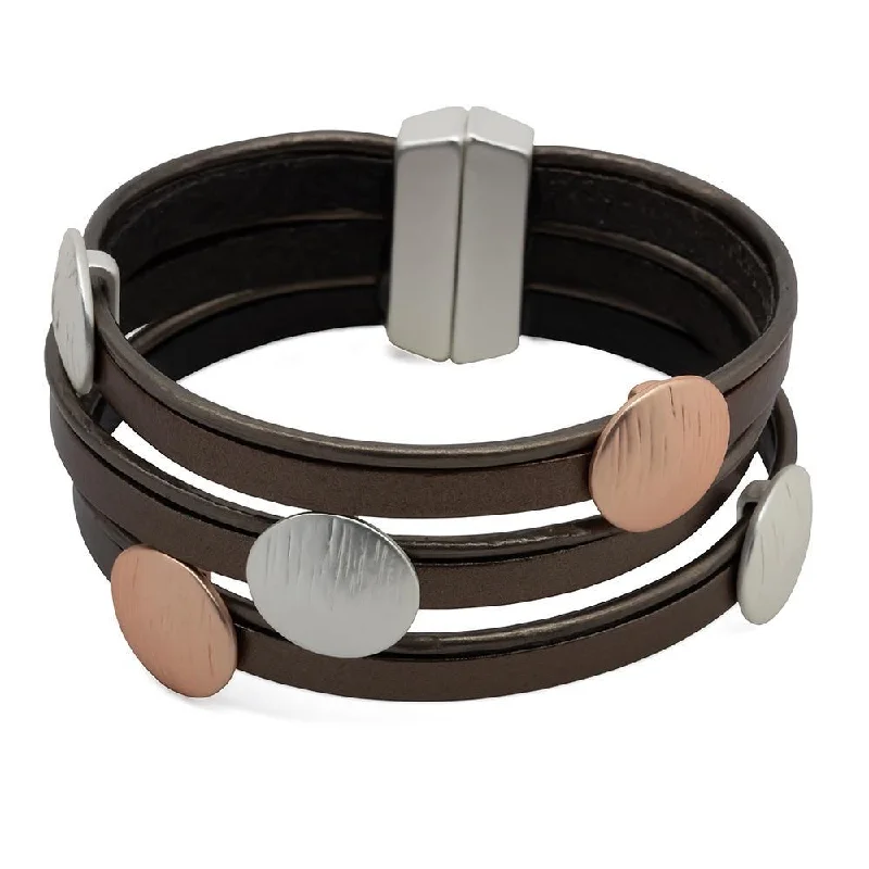 Leather Multi Row Bracelet Matte Two Tone Discs Brown Rose