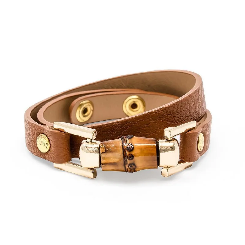 Leather Wrap Bracelet with Bamboo L Brown