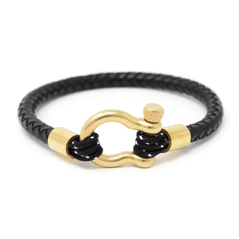 Men's Braided Leather Bracelet with Gold Tone Shackle Black Medium