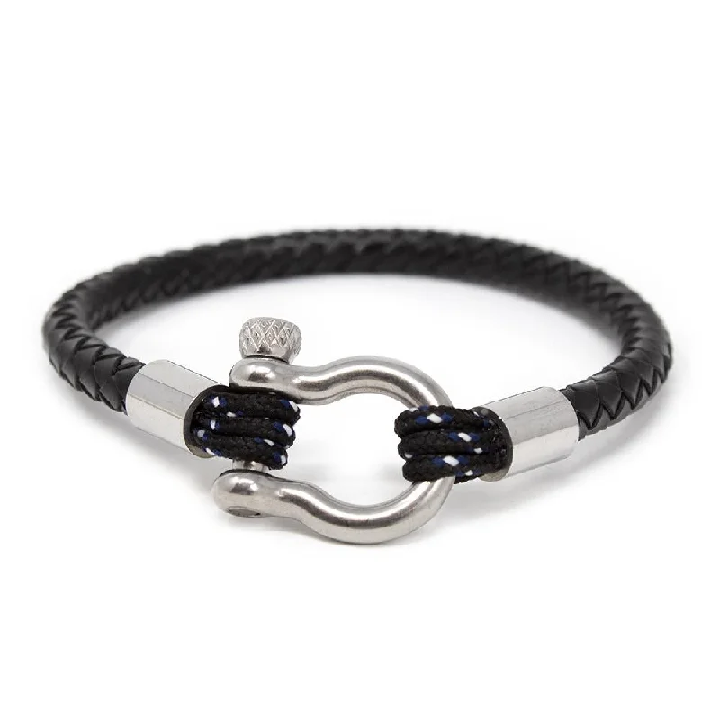 Men's Braided Leather Bracelet with Silver Tone Shackle Black Large