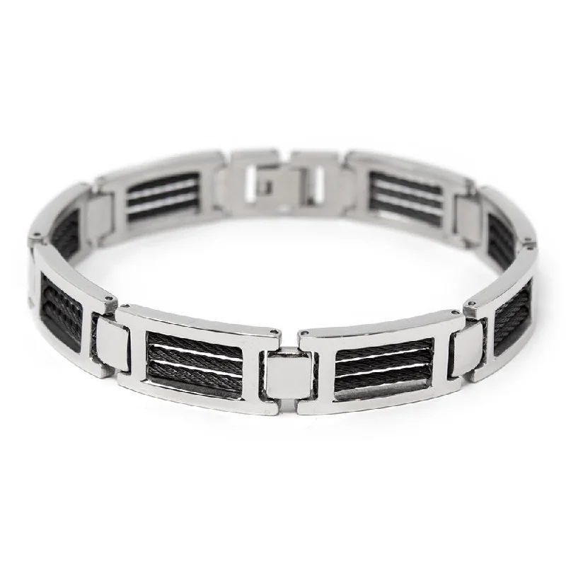 Men's Stainless Steel Black Cable Inlay Link Bracelet