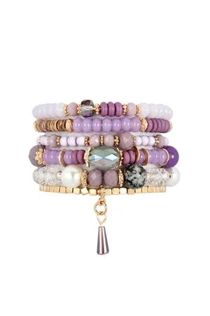 MIX BEAD CHARM STRETCHABLE BRACELET-Lavender and purple