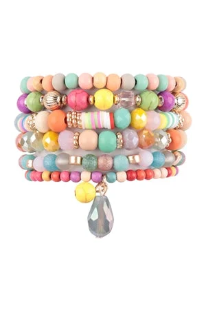 MIX BEADS NATURAL STONE WOOD CHARM STRETCH BRACELET SET-MULTICOLOR