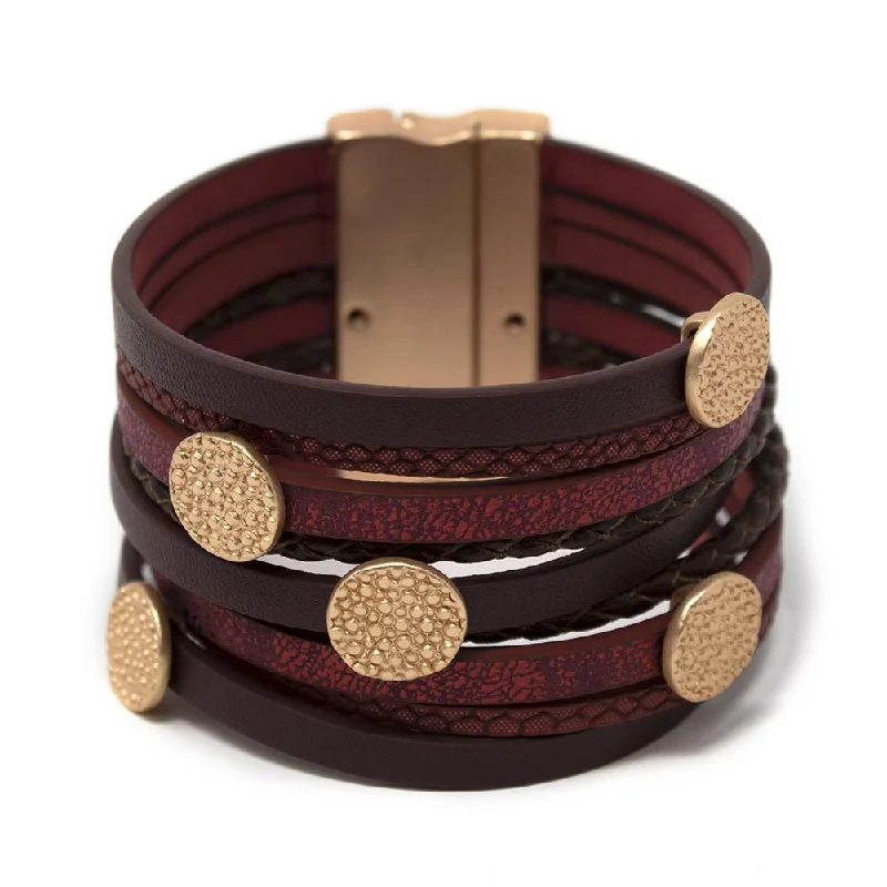 Multi Row Red/Brown Leather Bracelet Hammered Disc