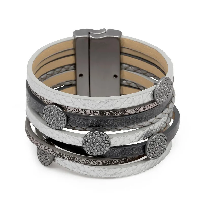 Multi Row Silver/Grey Leather Bracelet Hammered Disc