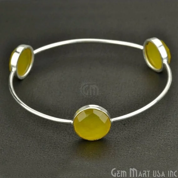 Natural Yellow Chalcedony 14mm Round Adjustable Interlock Silver Plated Stacking Bangle Bracelet