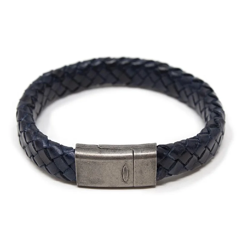 Navy Braided Leather Bracelet W Antique Silver Clasp