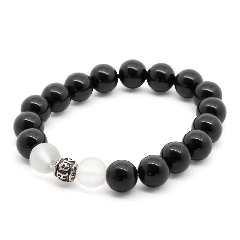 Onyx/Crystal Quartz Stretch Bracelet with 925 Sterling Silver Bead