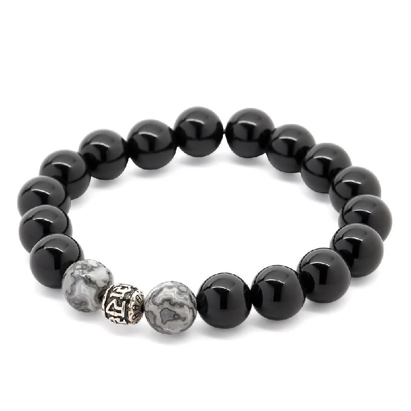 Onyx/Grey Jasper Stretch Bracelet with 925 Sterling Silver Bead