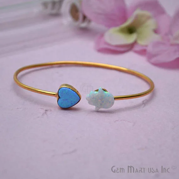 Opal Heart & Hamsa Shape Adjustable Interlock Gold Plated Stacking Bangle Bracelet