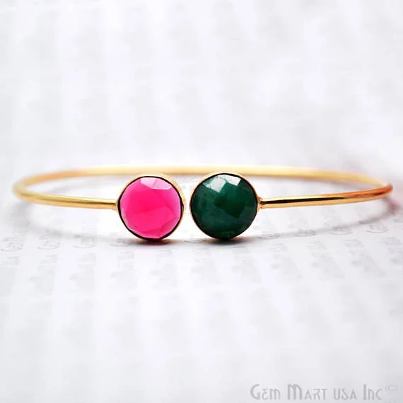 Pink Tourmaline & Emerald 10mm Round Adjustable Interlock Gold Plated Bangle Bracelet