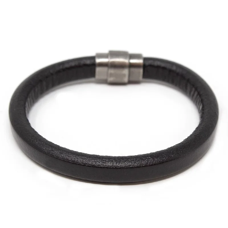 Plain Leather Bracelet with Antique Silver Clasp Black Medium