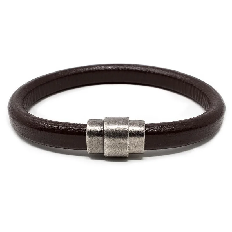 Plain Leather Bracelet with Antique Silver Clasp Brown Large