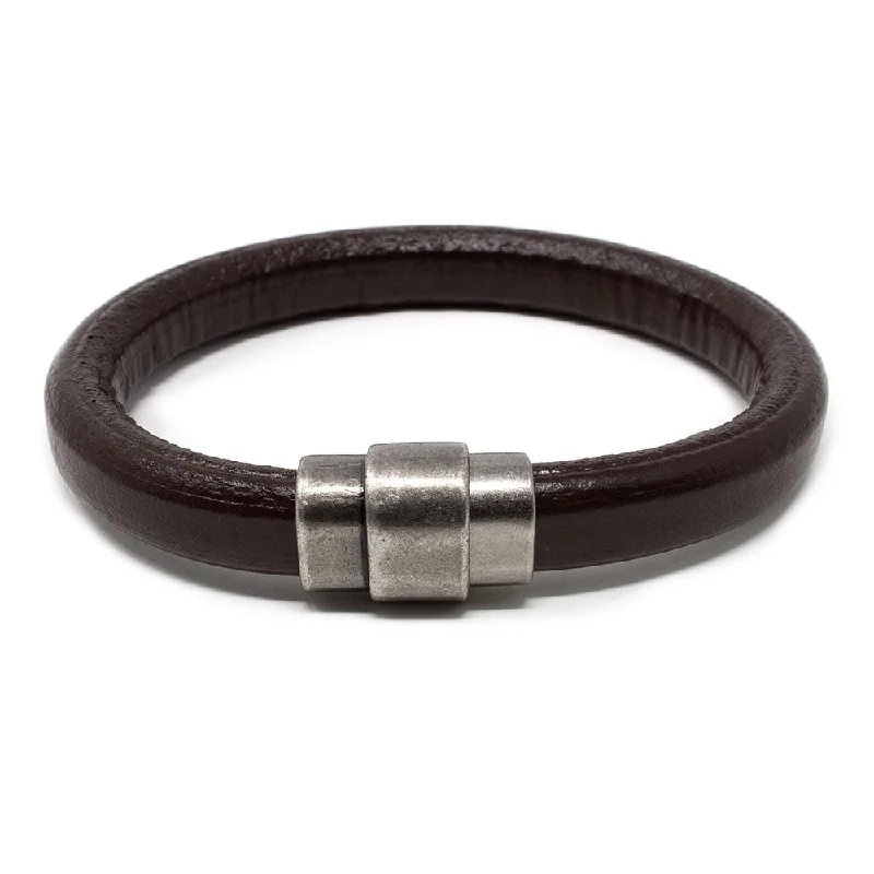 Plain Leather Bracelet with Antique Silver Clasp Brown Medium