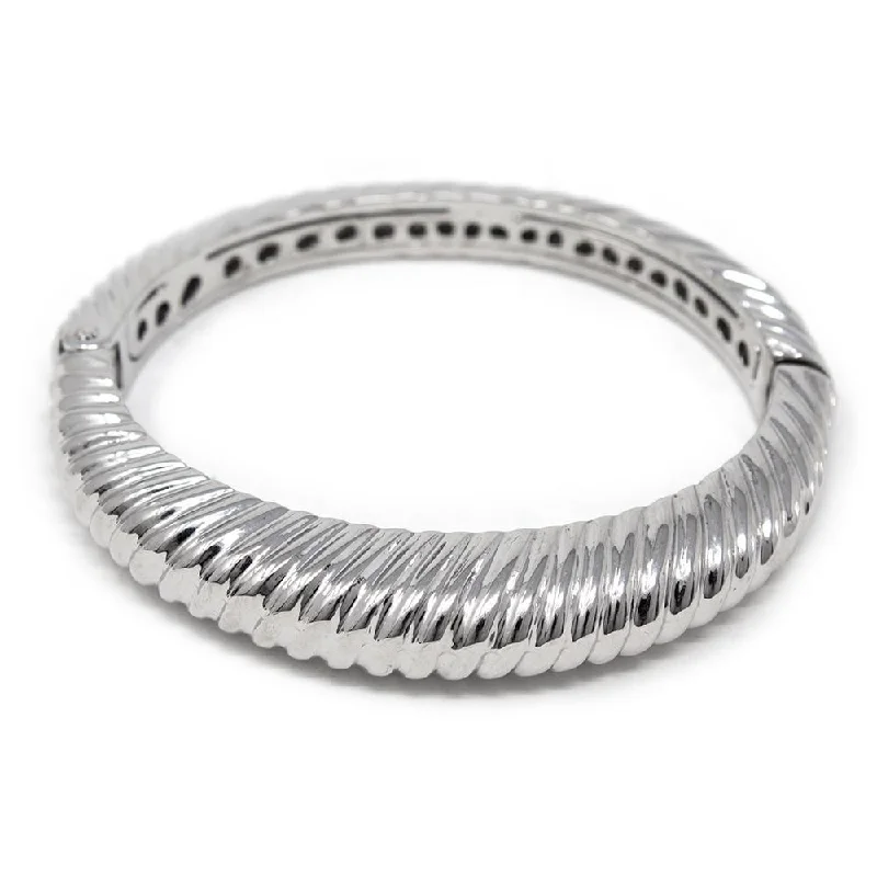 Ribbed Band Hinged Bracelet Silver Tone