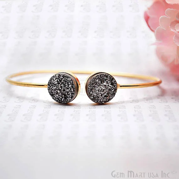 Platinum Druzy Round Shape Adjustable Gold Plated Bangle Bracelet