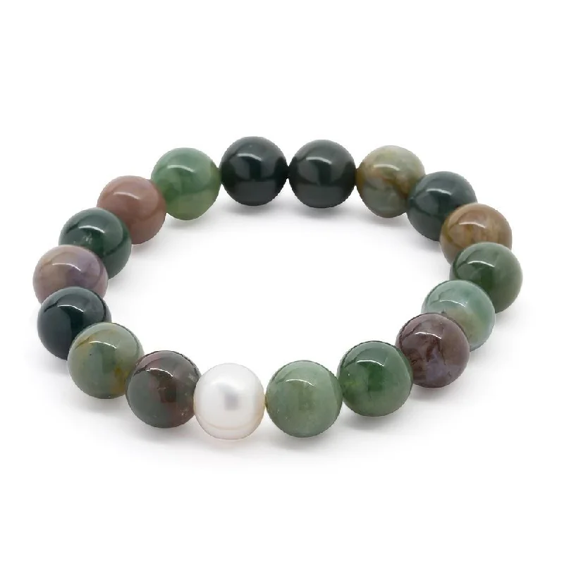 Semi Precious Stone Stretch Bracelet Moss Agate with Pearl