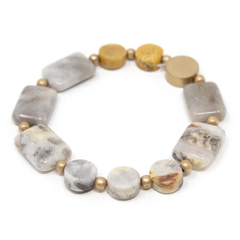 Semi Precious Stone Stretch Bracelet with Gold Disc Natural