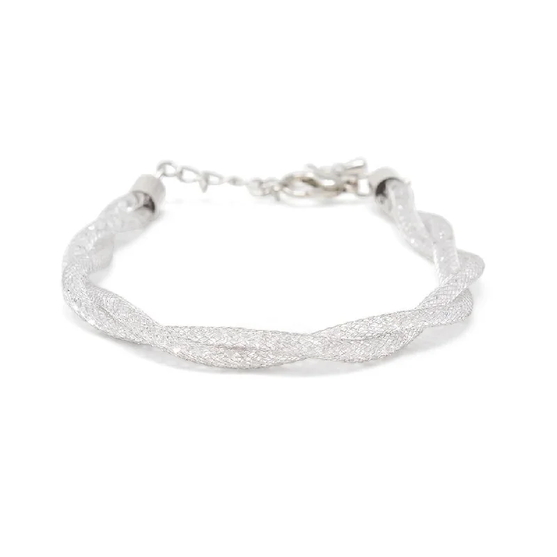 Silver Tone Twisted Bracelet Mesh with Crystals