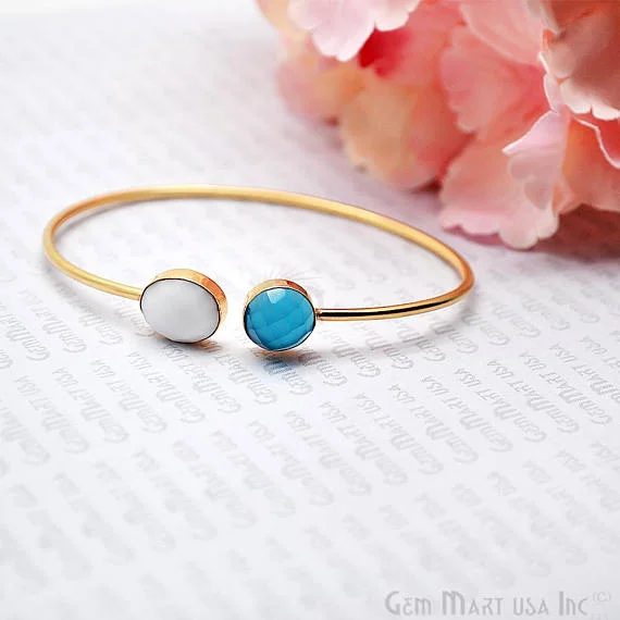 Sky Blue Chalcedony & White Agate Adjustable Interlock Gold Plated Stacking Bangle Bracelet