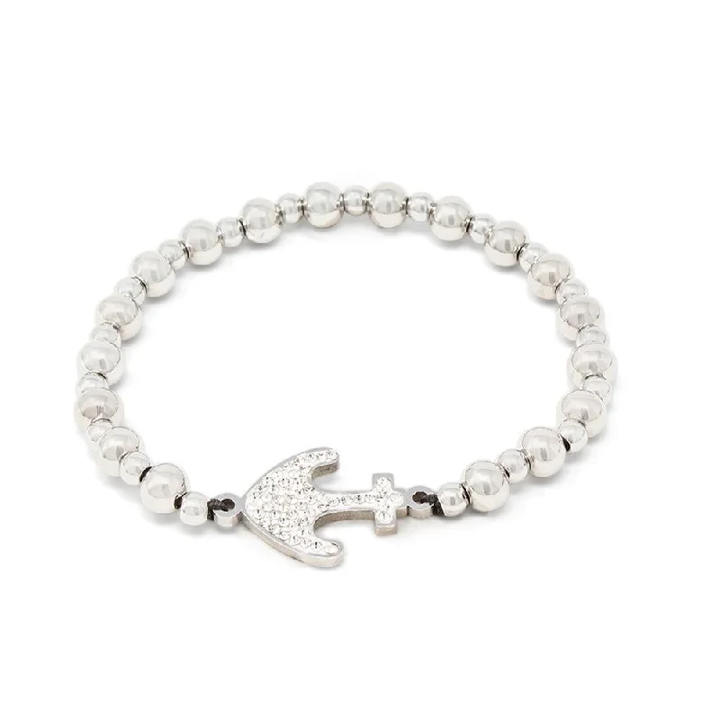 Stainless Steel Anchor Pave Stretch Bracelet