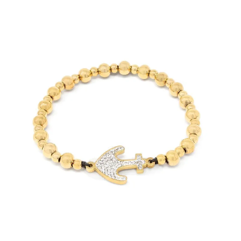 Stainless Steel Anchor Pave Stretch Bracelet Gold Plated